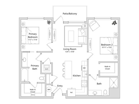 A floor plan of a home with a living room, two bedrooms, a kitchen, and a bathroom.